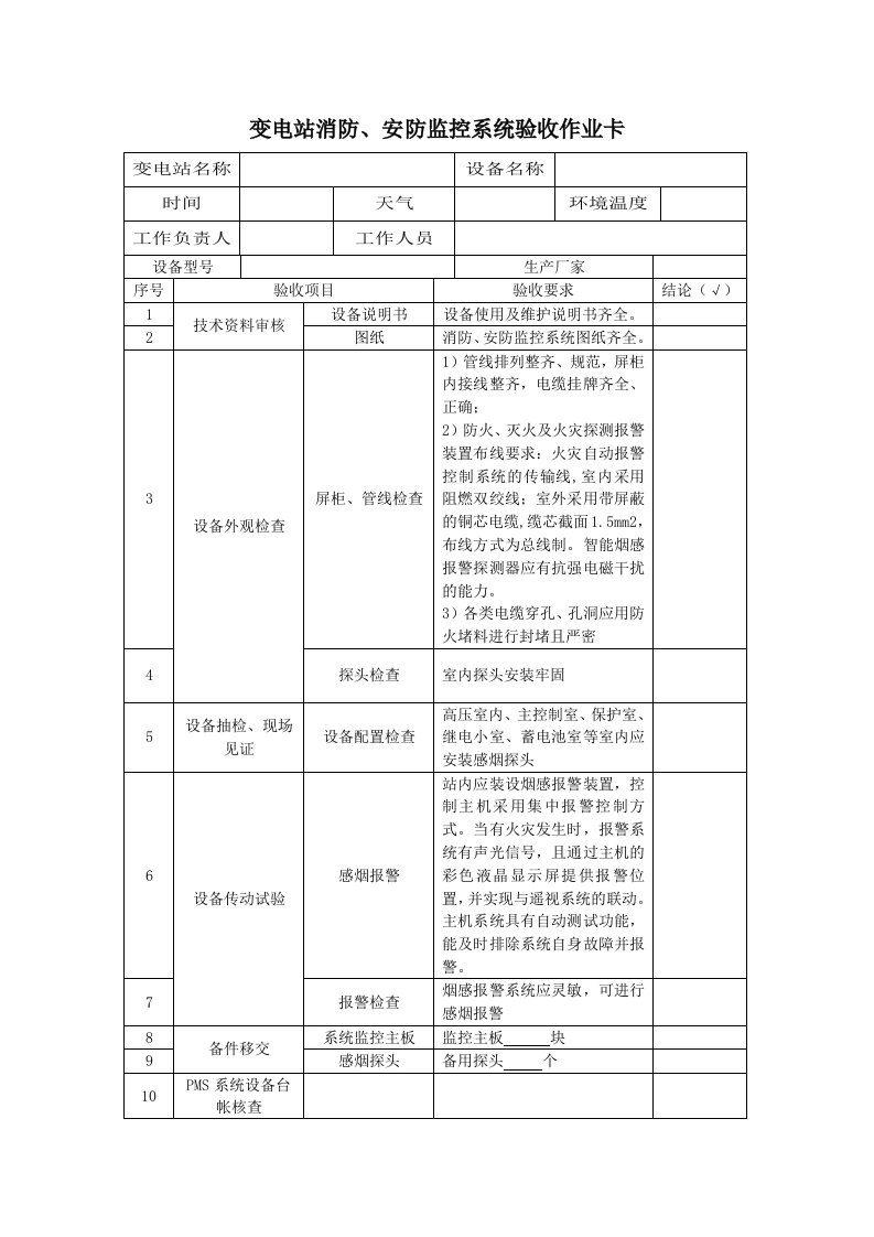 变电站消防、安防监控系统验收作业卡