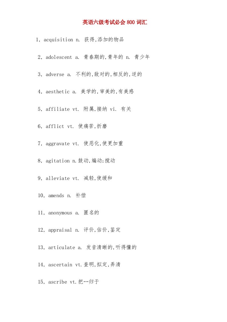 2023年英语六级考试必会词汇