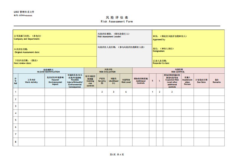 风险评估表工程项目版