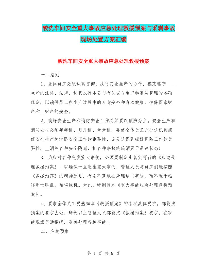 酸洗车间安全重大事故应急处理救援预案与采剥事故现场处置方案汇编