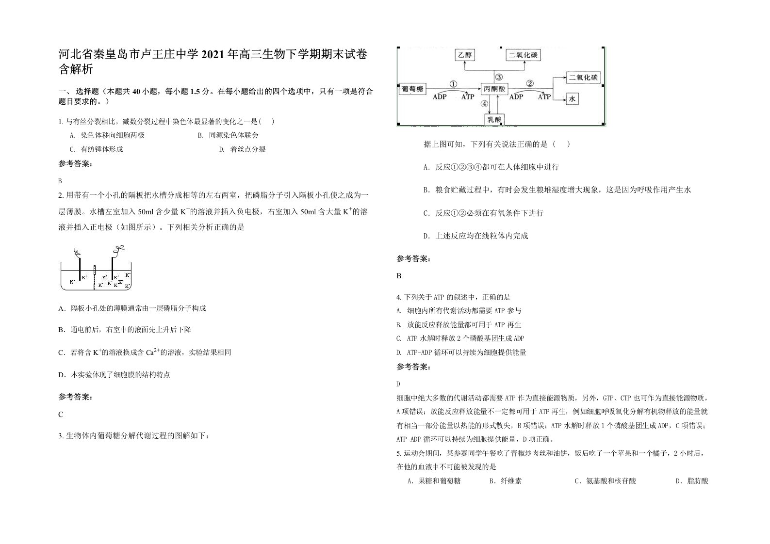 河北省秦皇岛市卢王庄中学2021年高三生物下学期期末试卷含解析