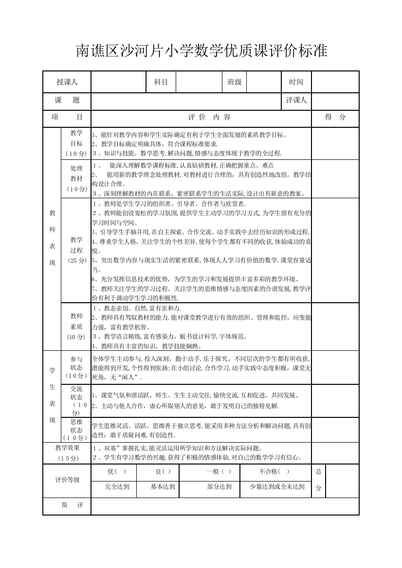 小学数学课评价标准及赋分表