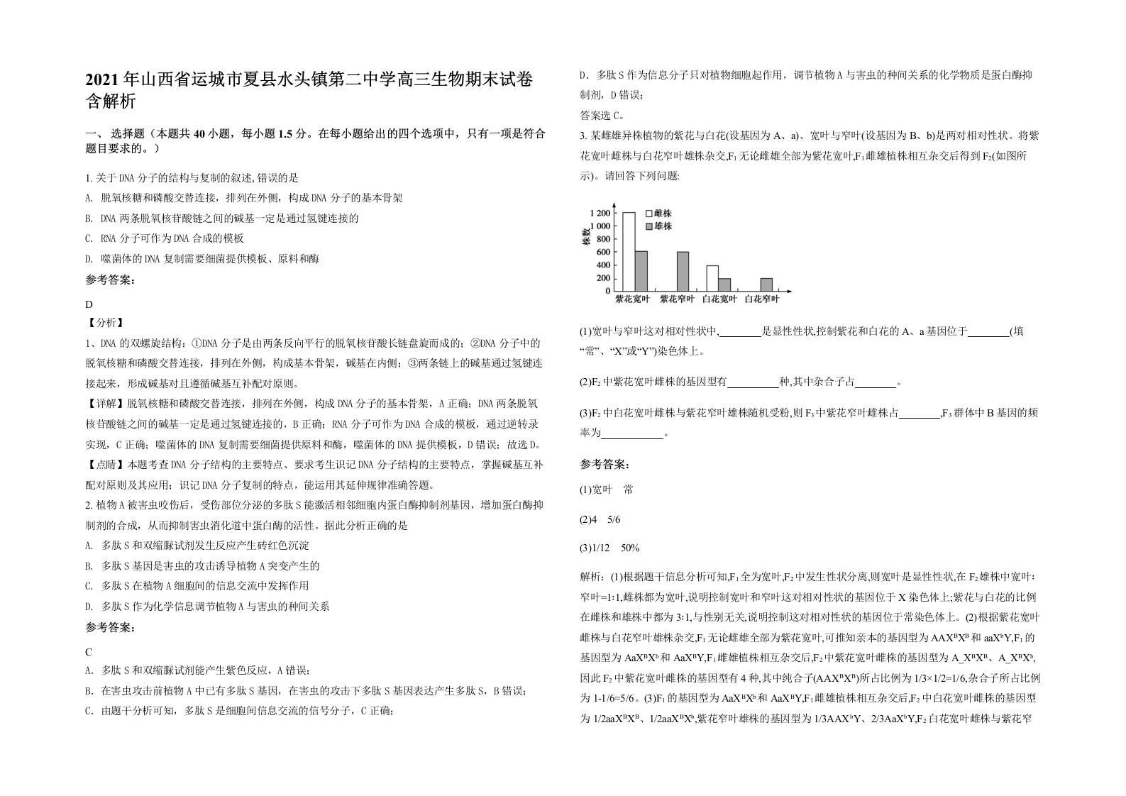 2021年山西省运城市夏县水头镇第二中学高三生物期末试卷含解析