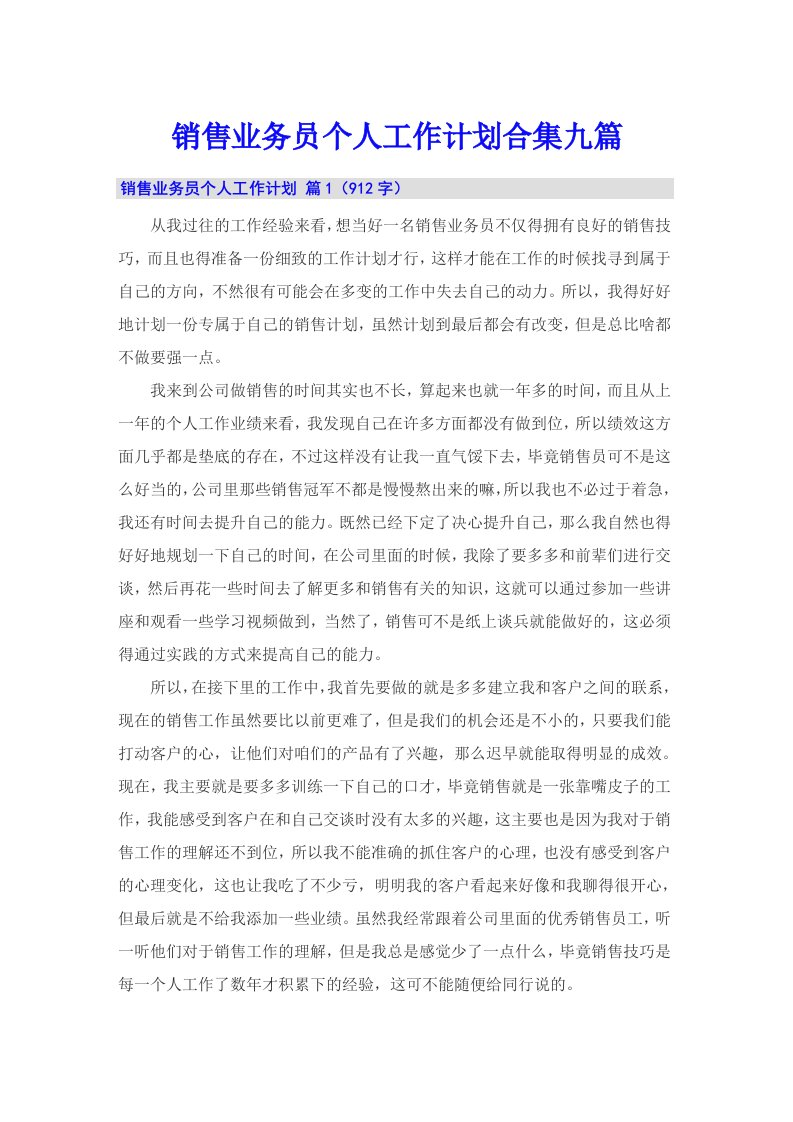 销售业务员个人工作计划合集九篇