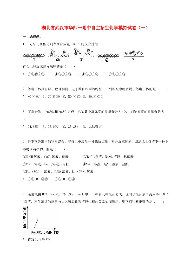 湖北省武汉市华师一附中九级化学自主招生模拟试题（一）（含解析）