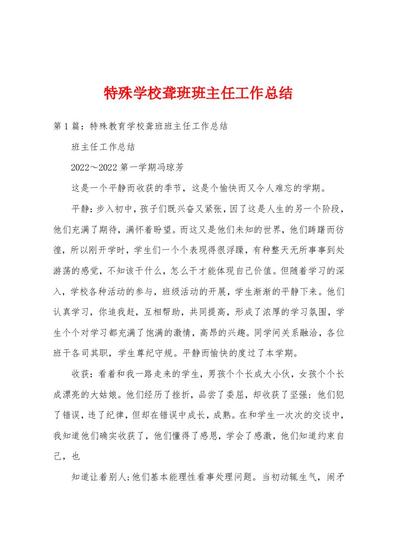 特殊学校聋班班主任工作总结