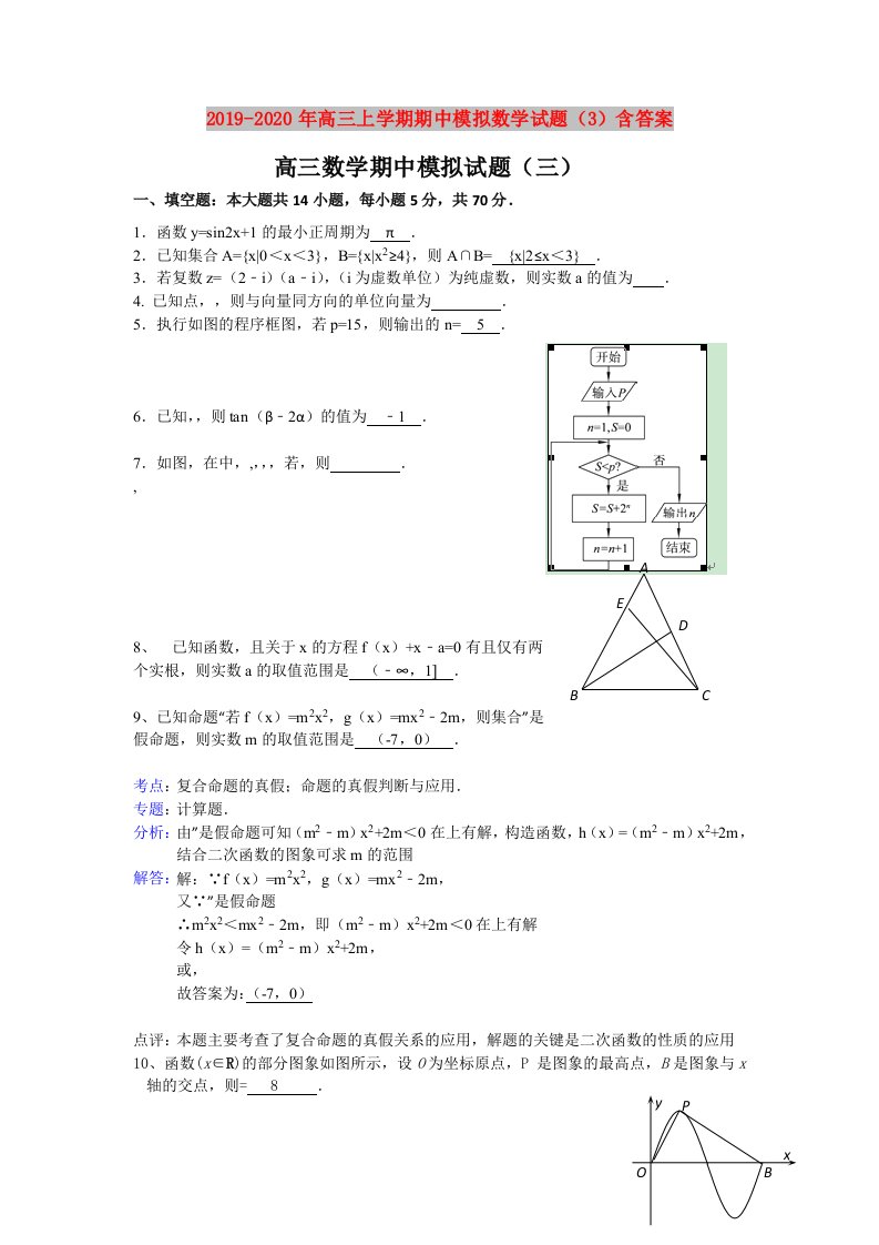 2019-2020年高三上学期期中模拟数学试题（3）含答案