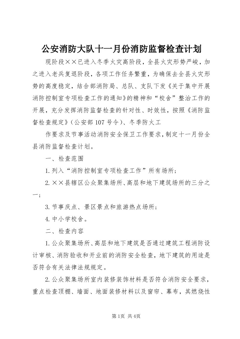 公安消防大队十一月份消防监督检查计划