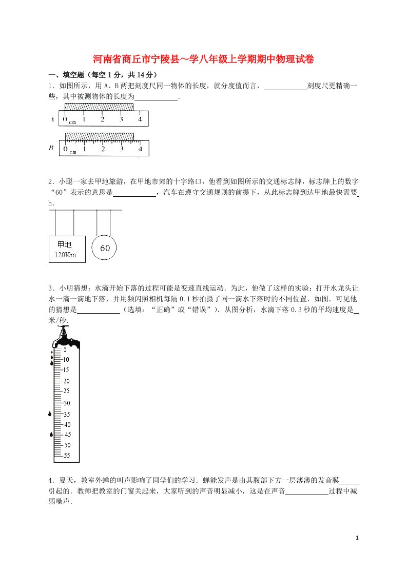 河南省商丘市宁陵县八级物理上学期期中试题（含解析）