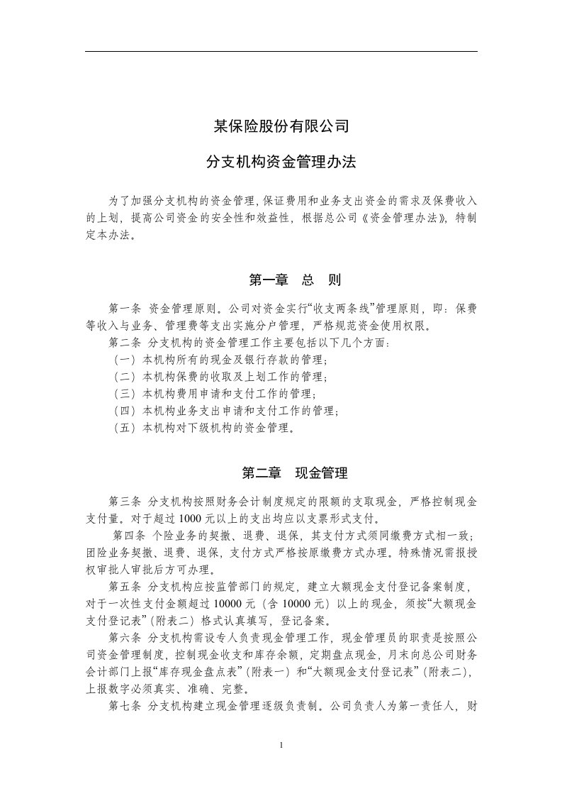 精选某保险股份有限公司分支机构资金管理办法