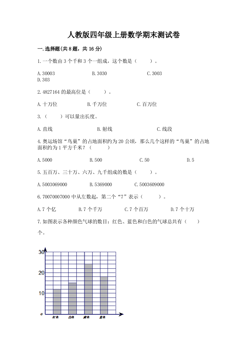 人教版四年级上册数学期末测试卷附完整答案【精品】