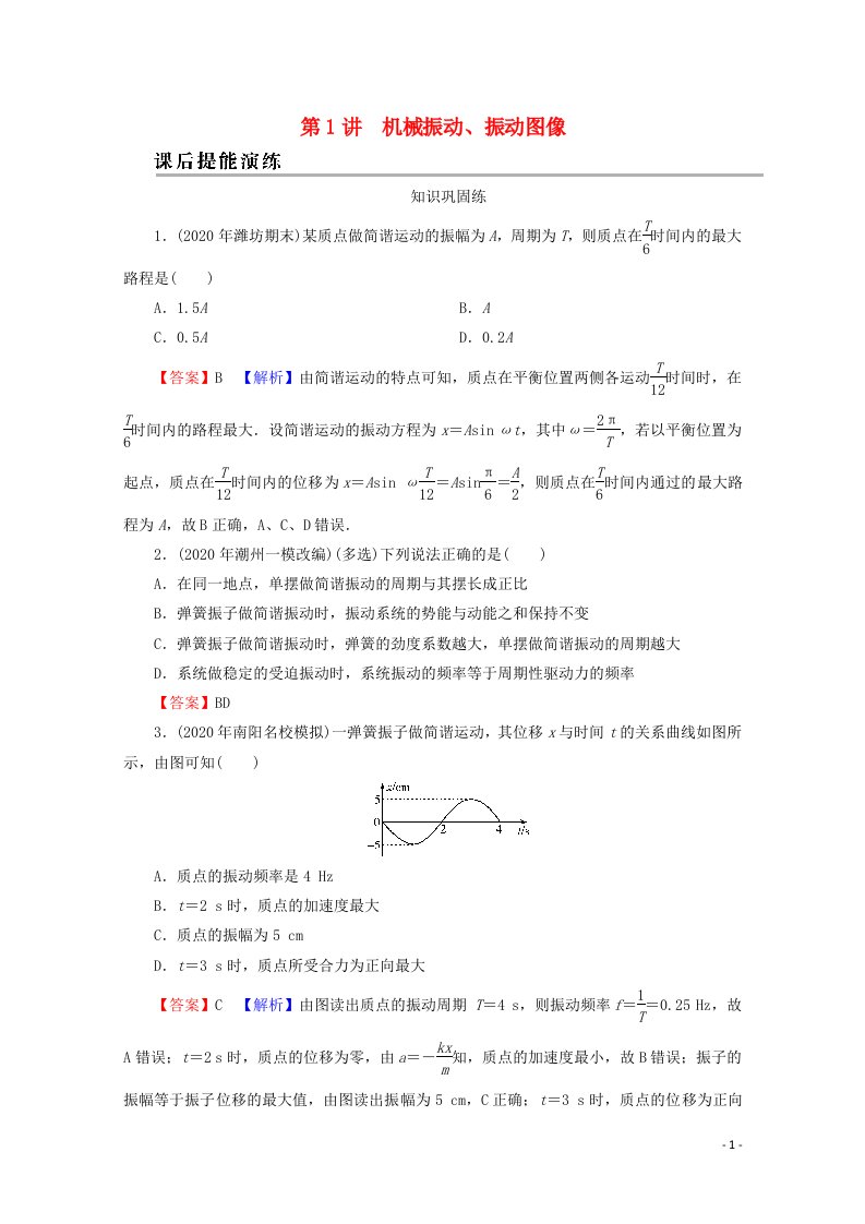 2022版高考物理一轮复习专题14机械振动光学第1讲机械振动振动图像演练含解析