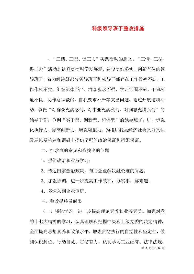 科级领导班子整改措施