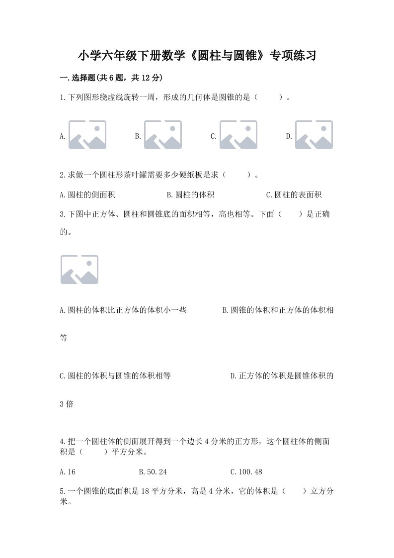 小学六年级下册数学《圆柱与圆锥》专项练习附答案（培优）