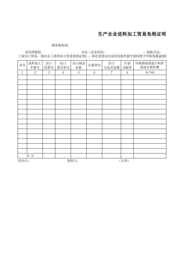 生产企业进料加工贸易免税证明