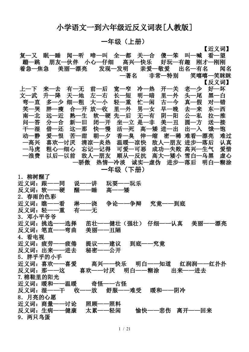 小学语文一到六年级近反义词表[人教版]