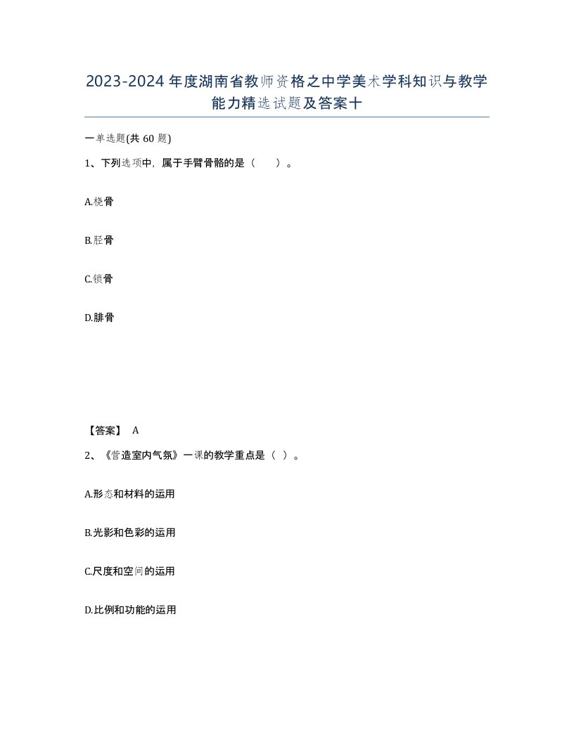 2023-2024年度湖南省教师资格之中学美术学科知识与教学能力试题及答案十