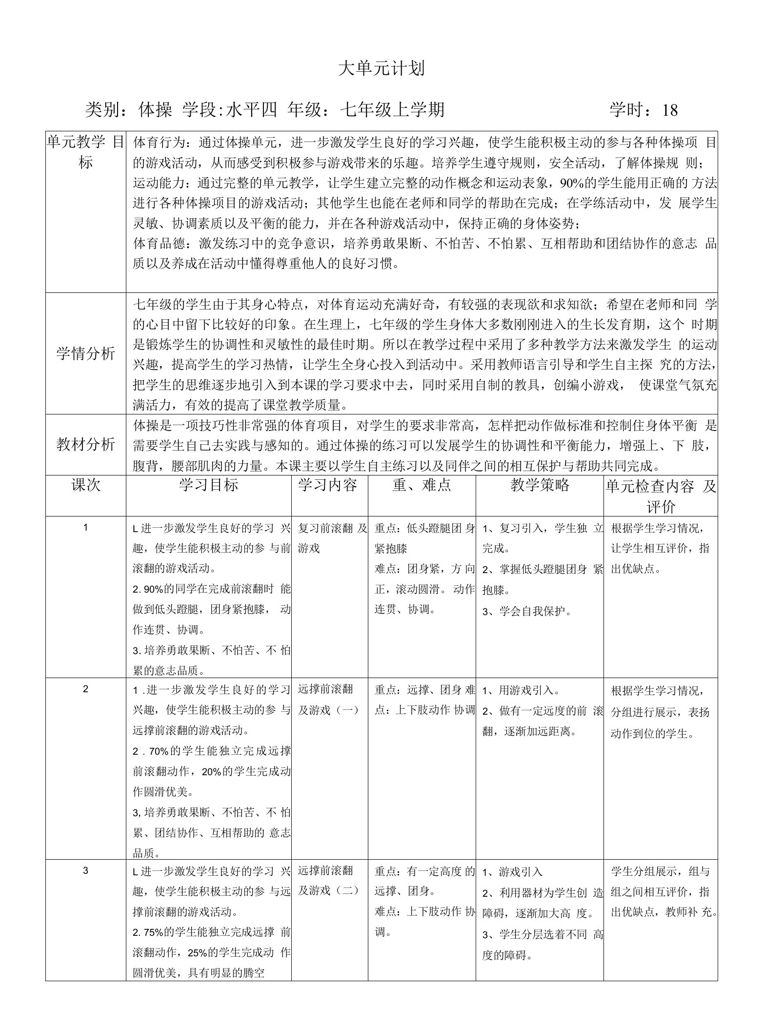 水平四（七年级）体育《体操》大单元教学计划及《肩肘倒立》教学计划及教案