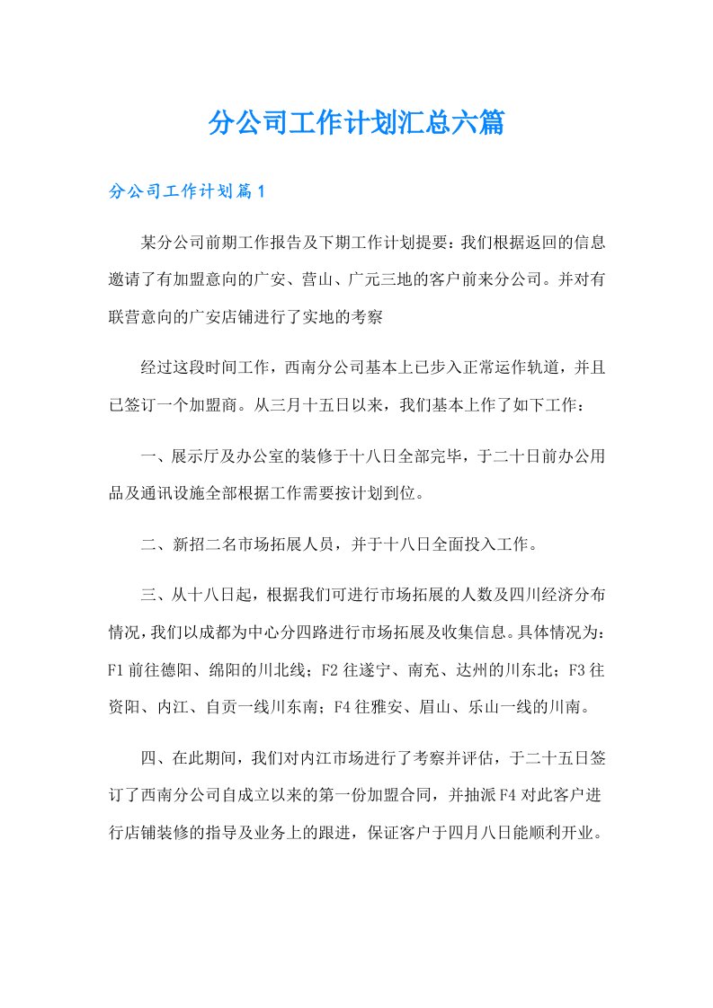 分公司工作计划汇总六篇