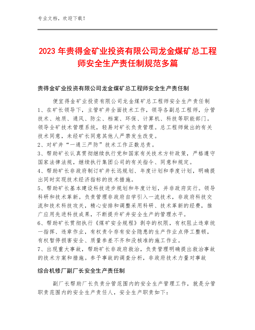 2023年贵得金矿业投资有限公司龙金煤矿总工程师安全生产责任制规范多篇