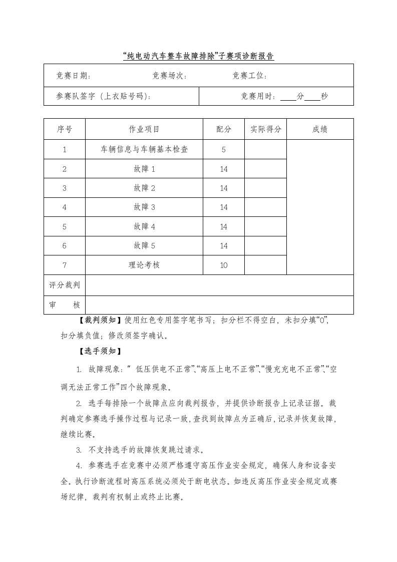 2021年山东省职业院校技能大赛高职组“新能源汽车技术与服务”赛项整车故障诊断竞赛样题（一）