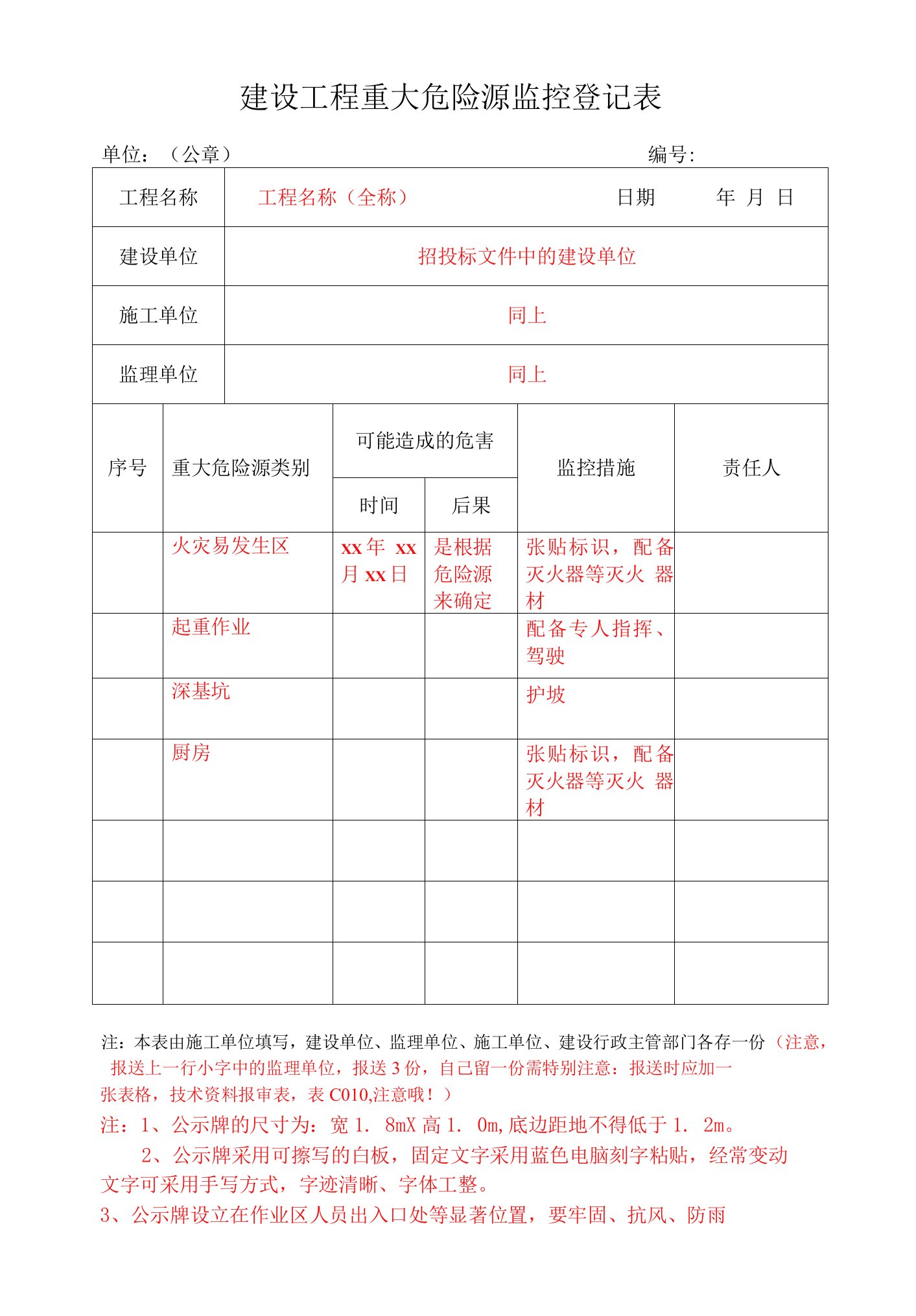 建设工程重大危险源监控登记表