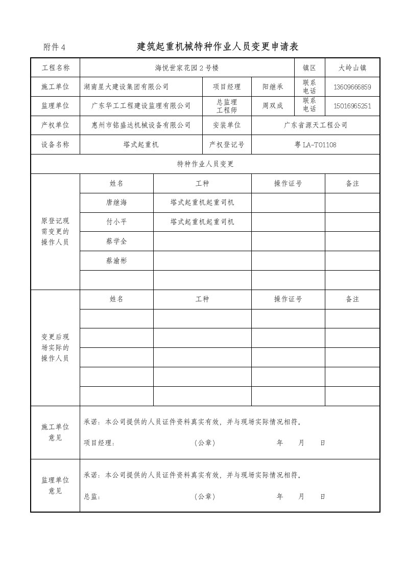 建筑起重机械特种作业人员变更申请表