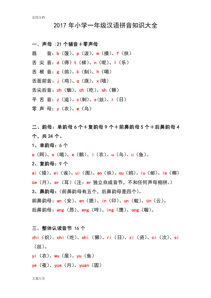 2017新颖小学一年级汉语拼音知识大全(word文档良心出品)