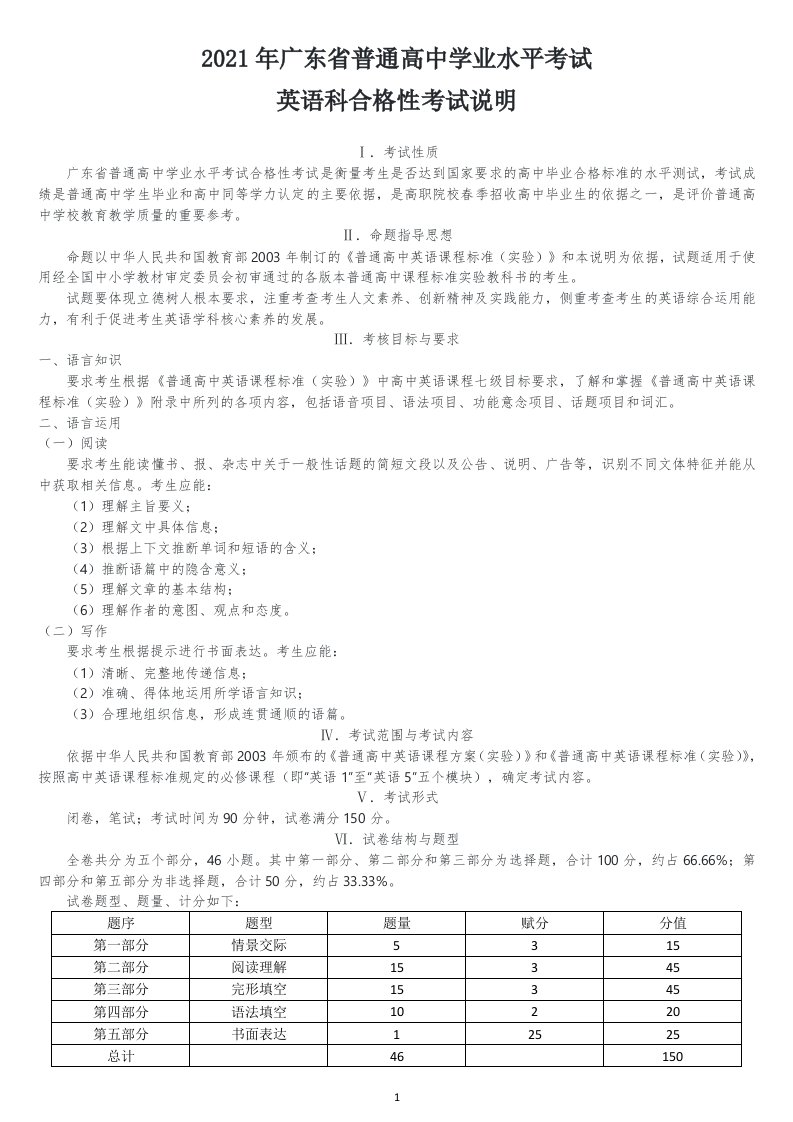 2021年广东省普通高中学业水平考试英语科合格性考试说明