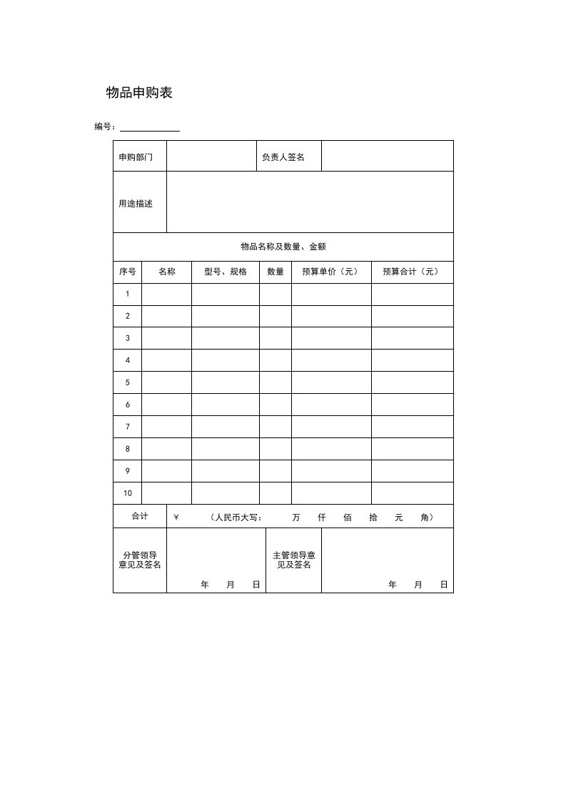 物品申购表（采购计划与预算管理表格）.doc