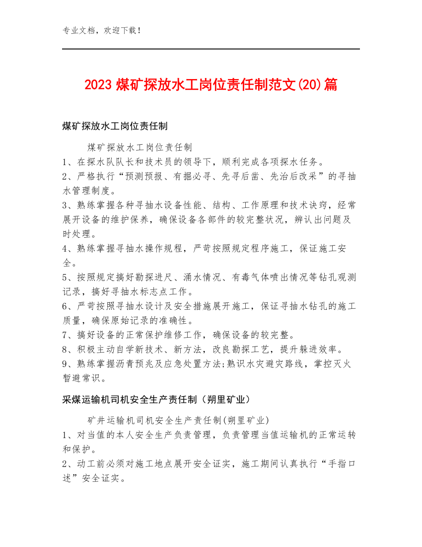 2023煤矿探放水工岗位责任制范文(20)篇