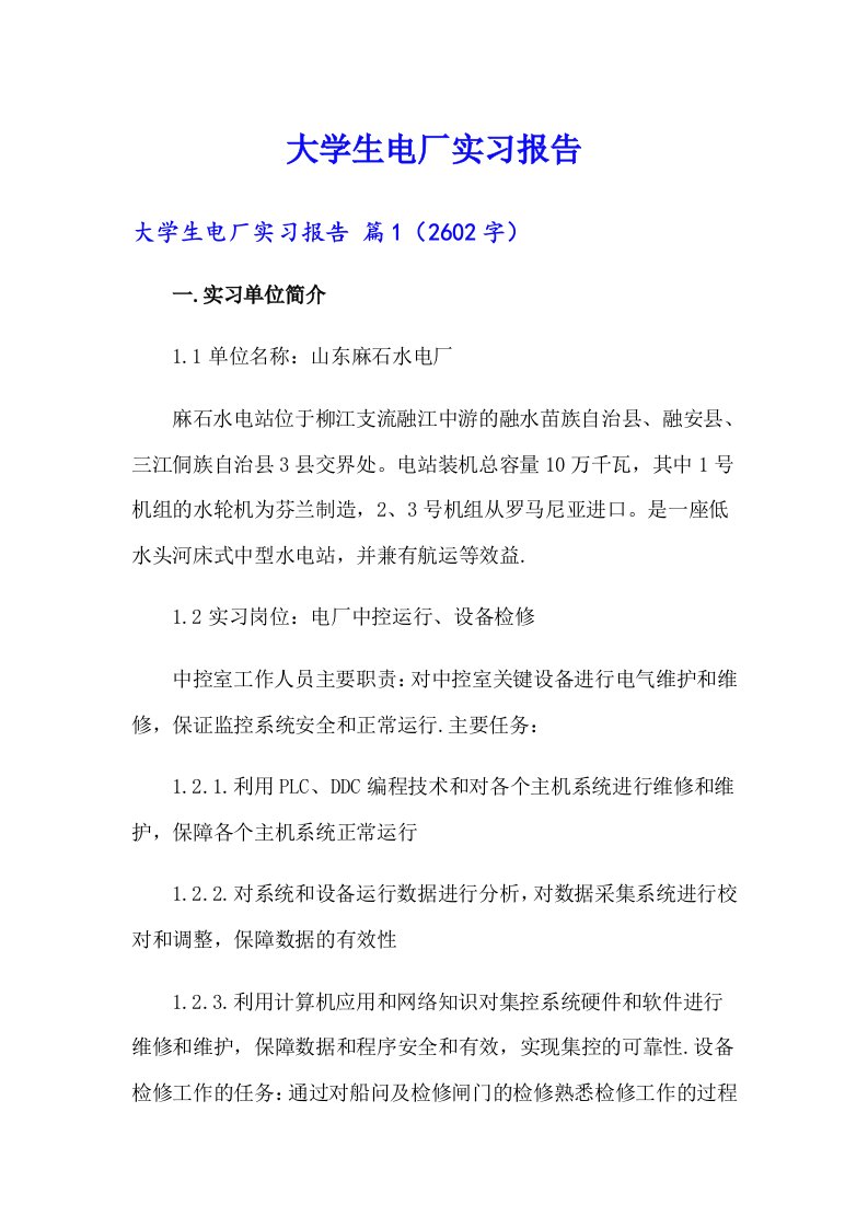 大学生电厂实习报告