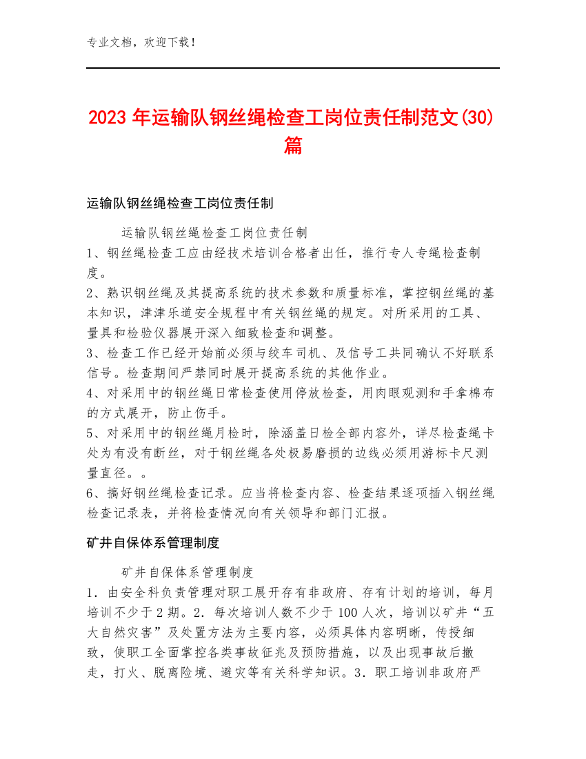 2023年运输队钢丝绳检查工岗位责任制范文(30)篇