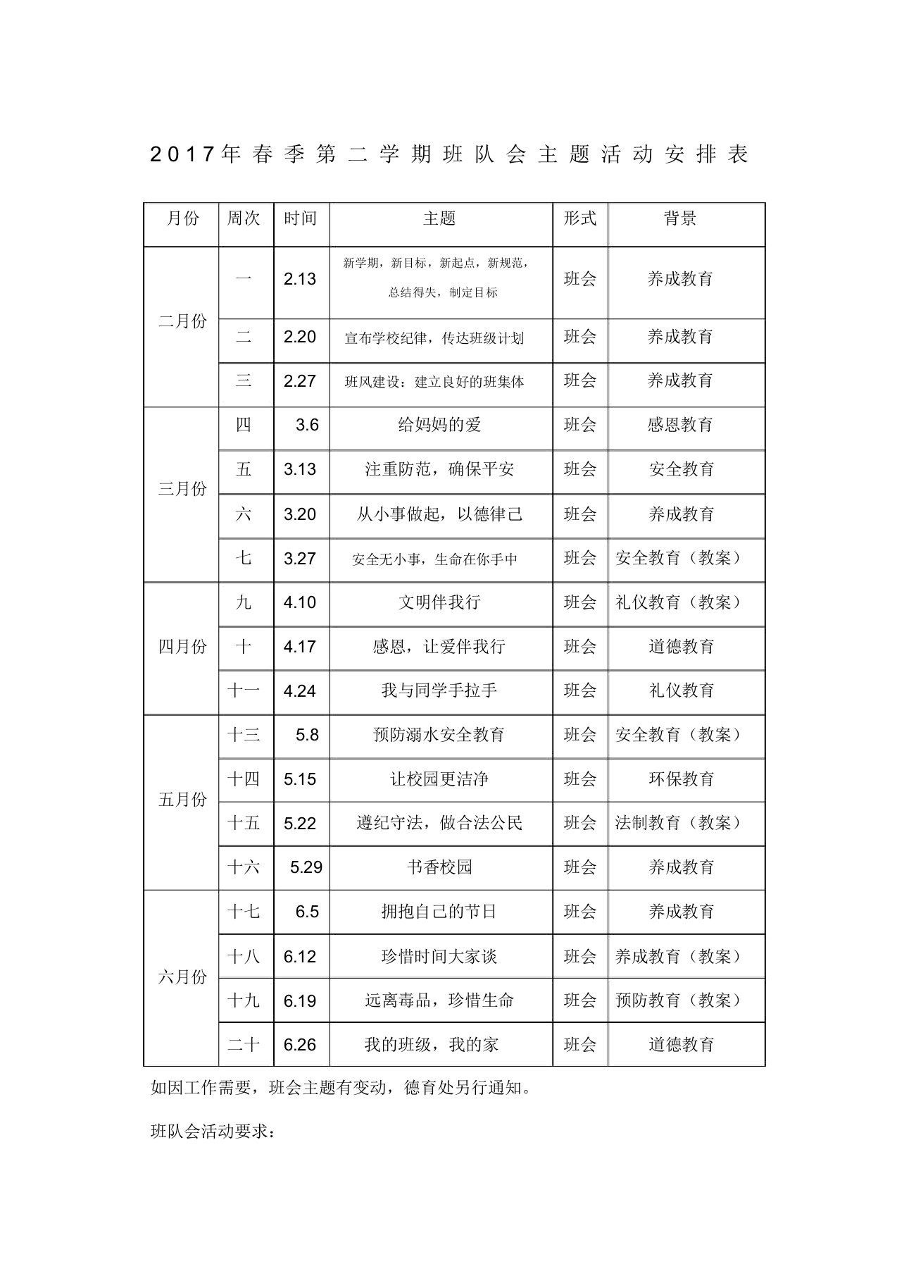 班队会主题活动安排表