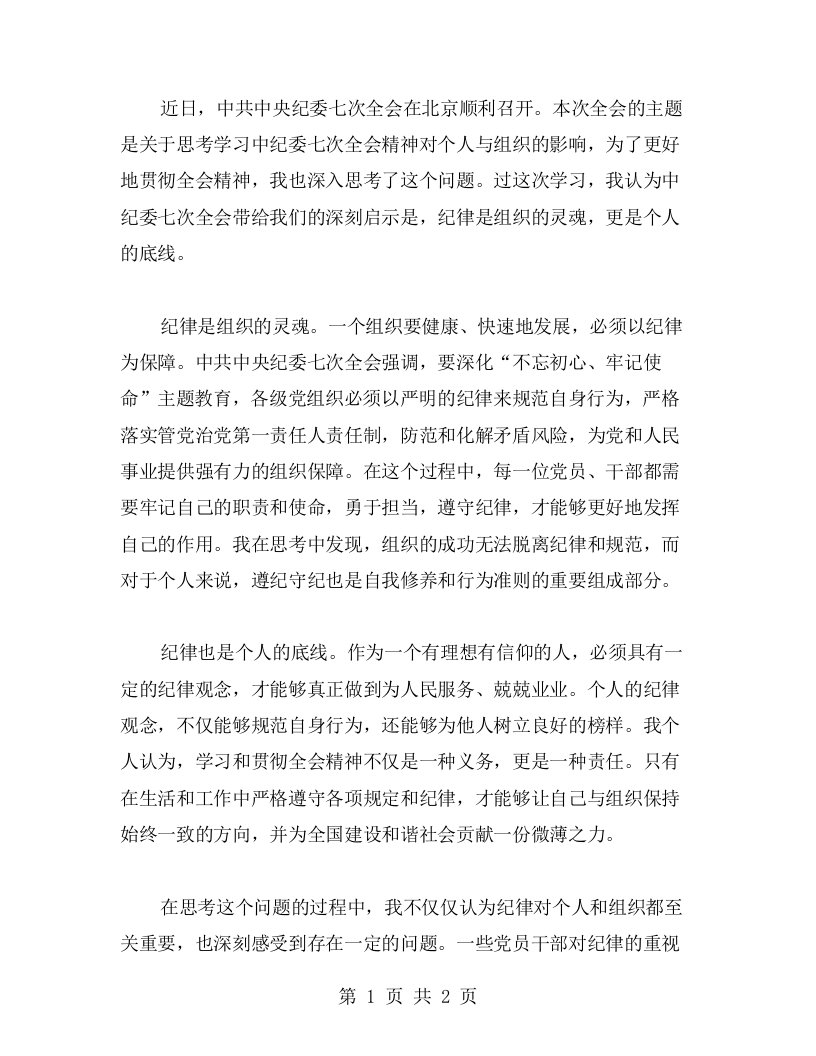 思考学习中纪委七次全会精神对个人与组织的心得哲学