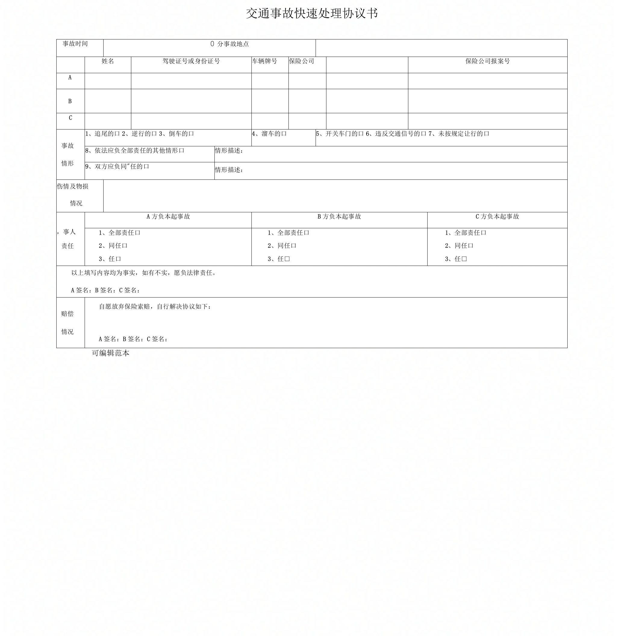 交通事故快速处理单(表格)