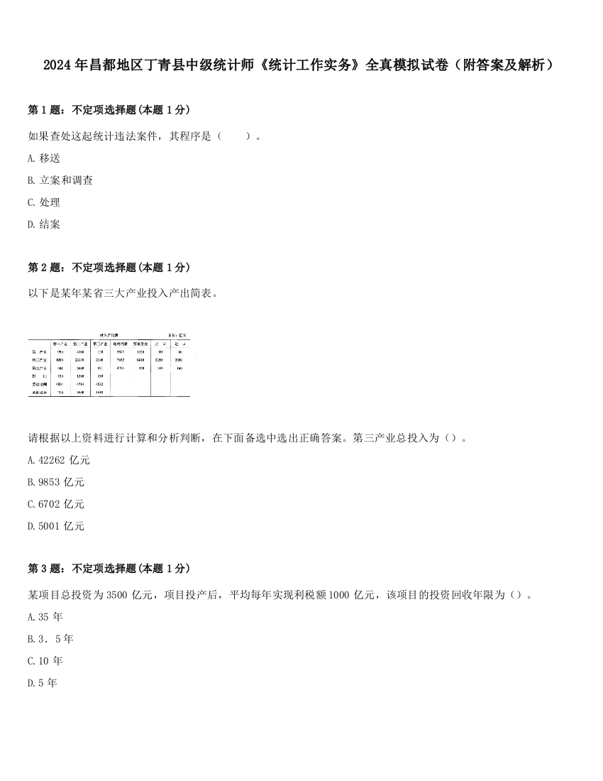 2024年昌都地区丁青县中级统计师《统计工作实务》全真模拟试卷（附答案及解析）