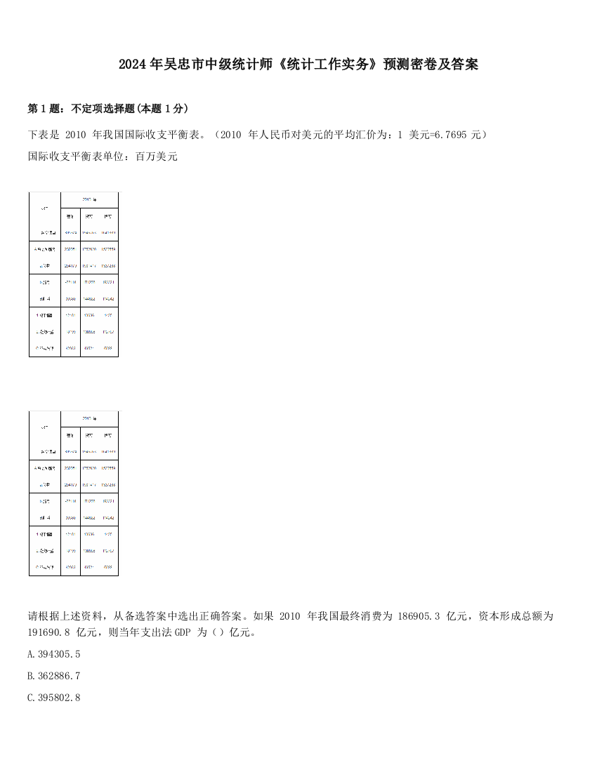 2024年吴忠市中级统计师《统计工作实务》预测密卷及答案