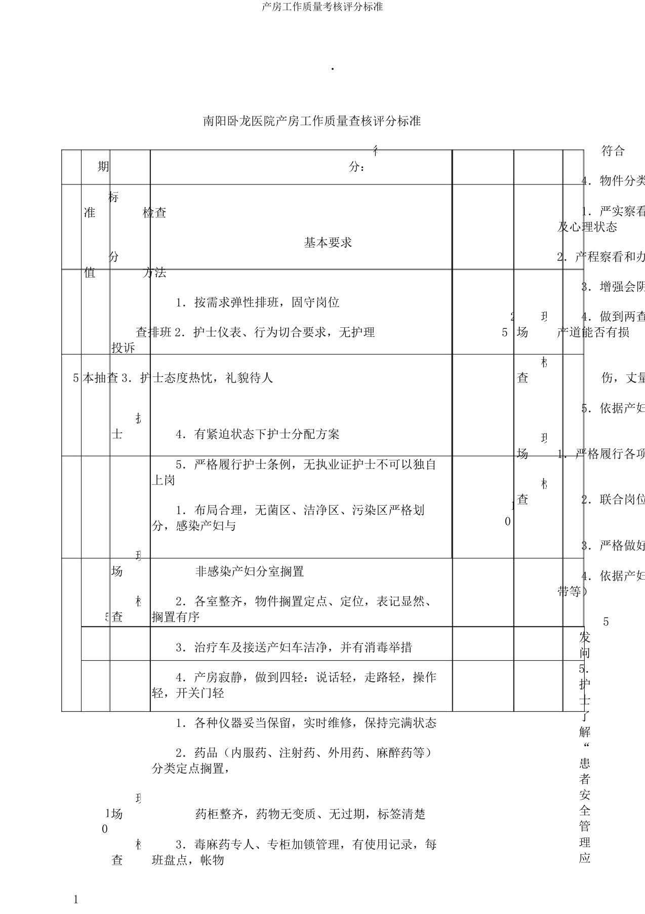 产房工作质量考核评分标准