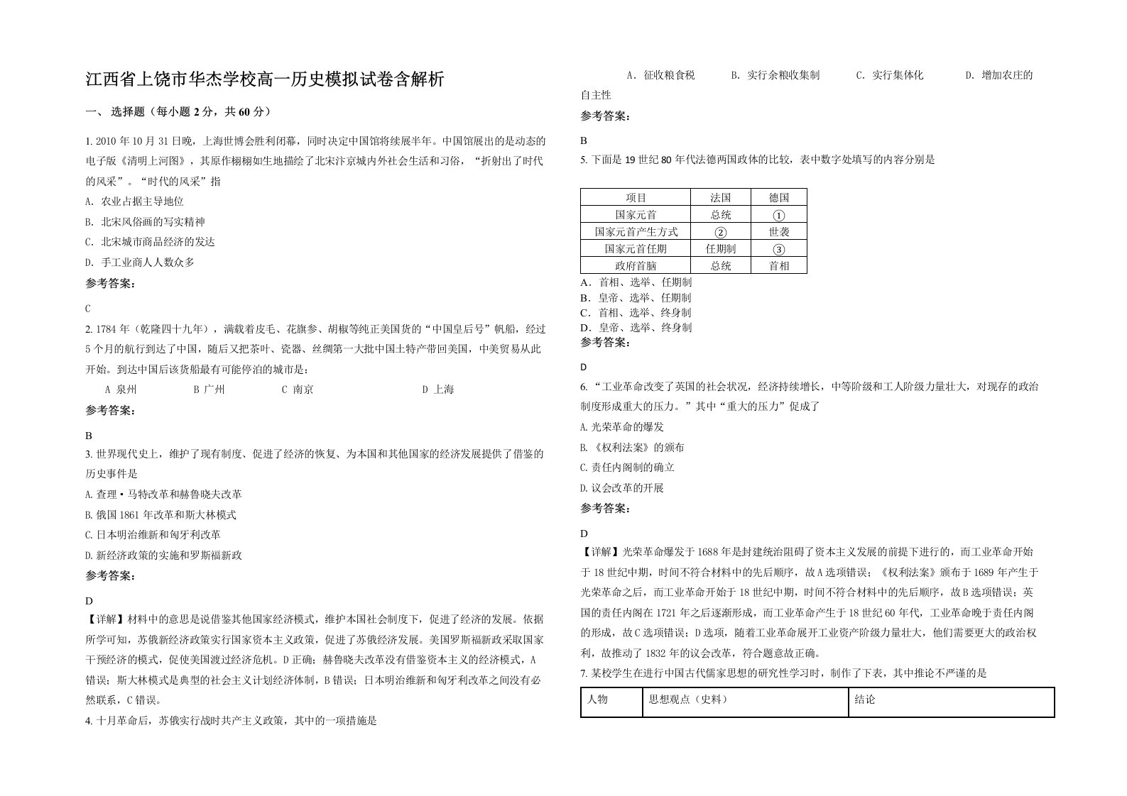 江西省上饶市华杰学校高一历史模拟试卷含解析