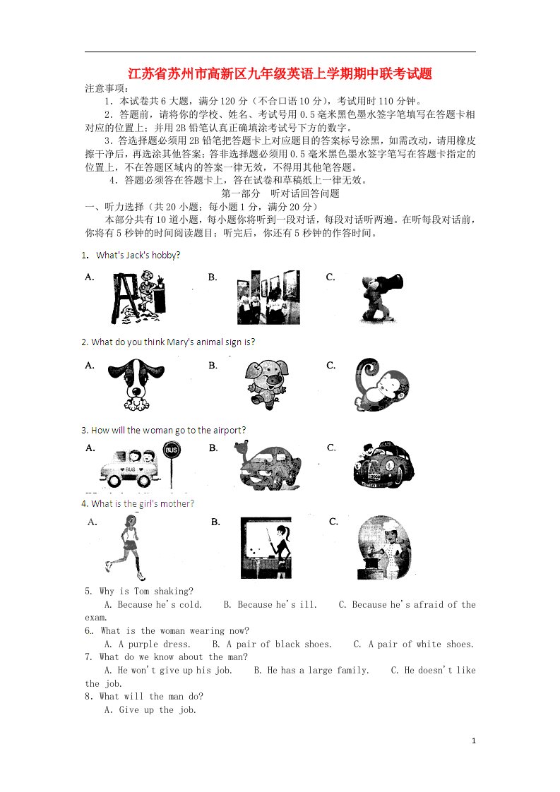 江苏省苏州市高新区九级英语上学期期中联考试题