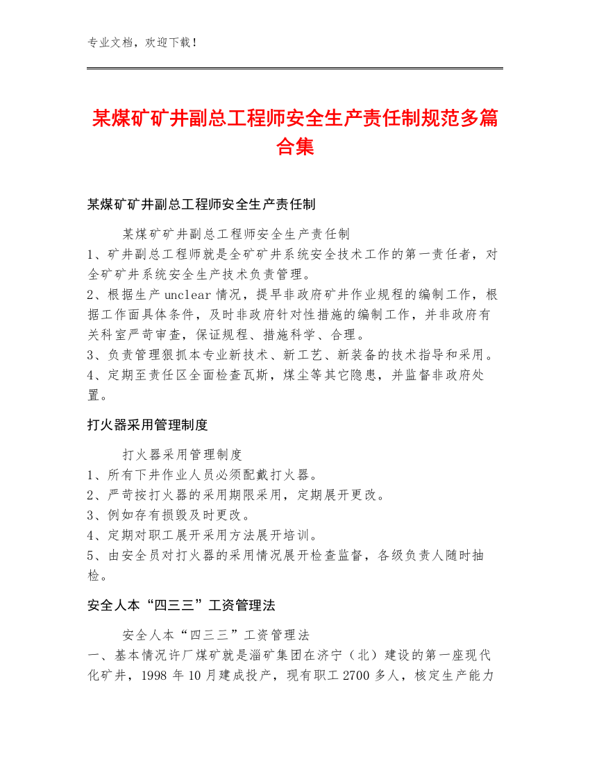 某煤矿矿井副总工程师安全生产责任制规范多篇合集