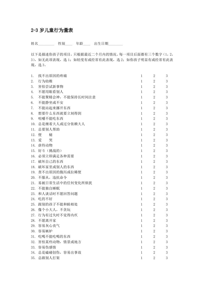 2-3岁儿童行为量表