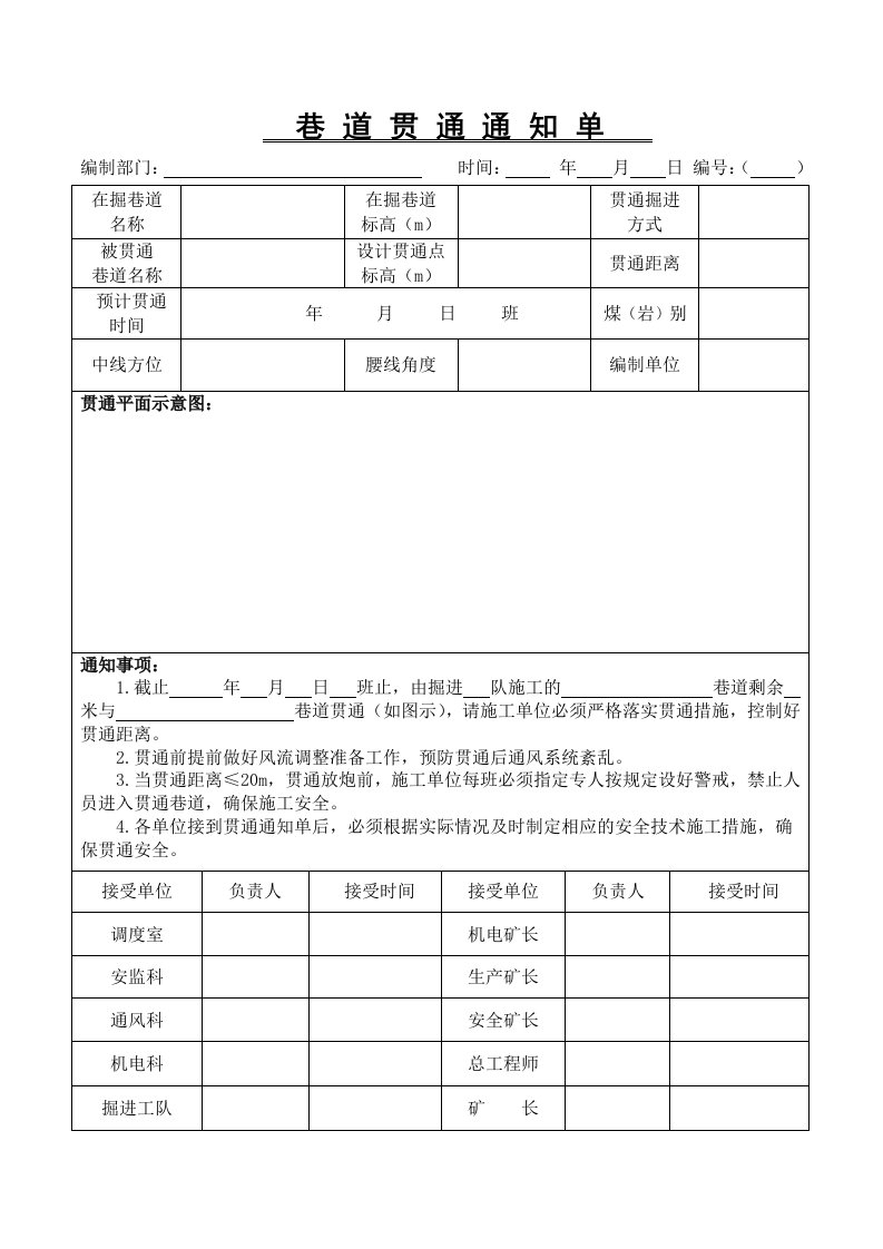 1、煤矿巷道贯通通知单