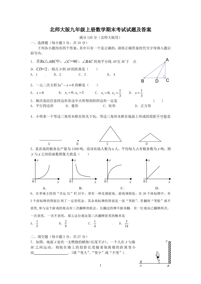 北师大版九年级上册数学期末考试试题及参考答案