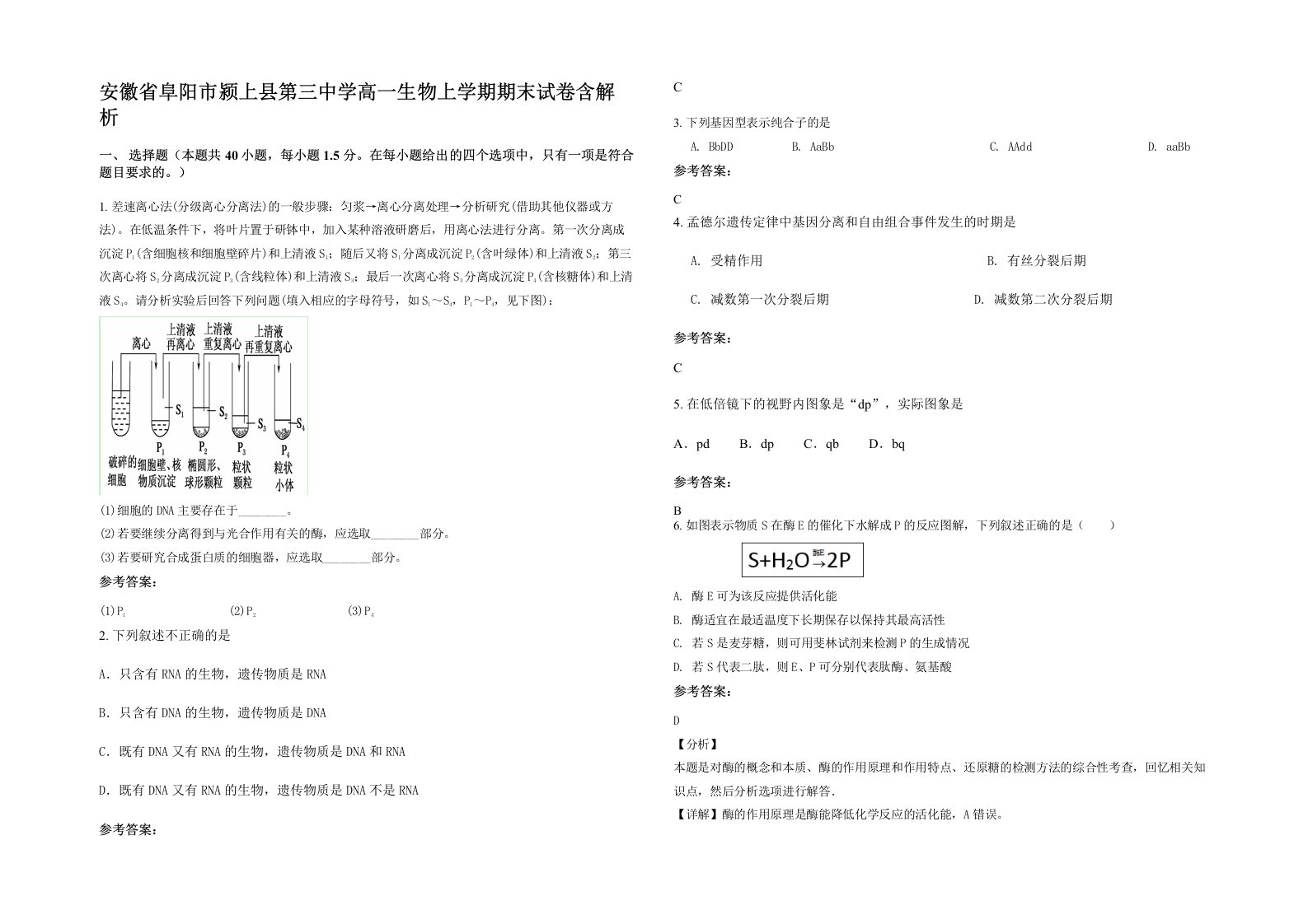 安徽省阜阳市颍上县第三中学高一生物上学期期末试卷含解析