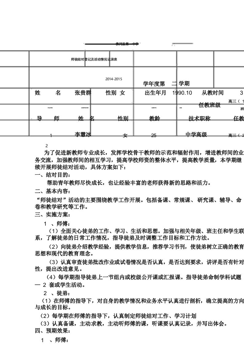 高中英语老师师徒结对登记及活动记录表