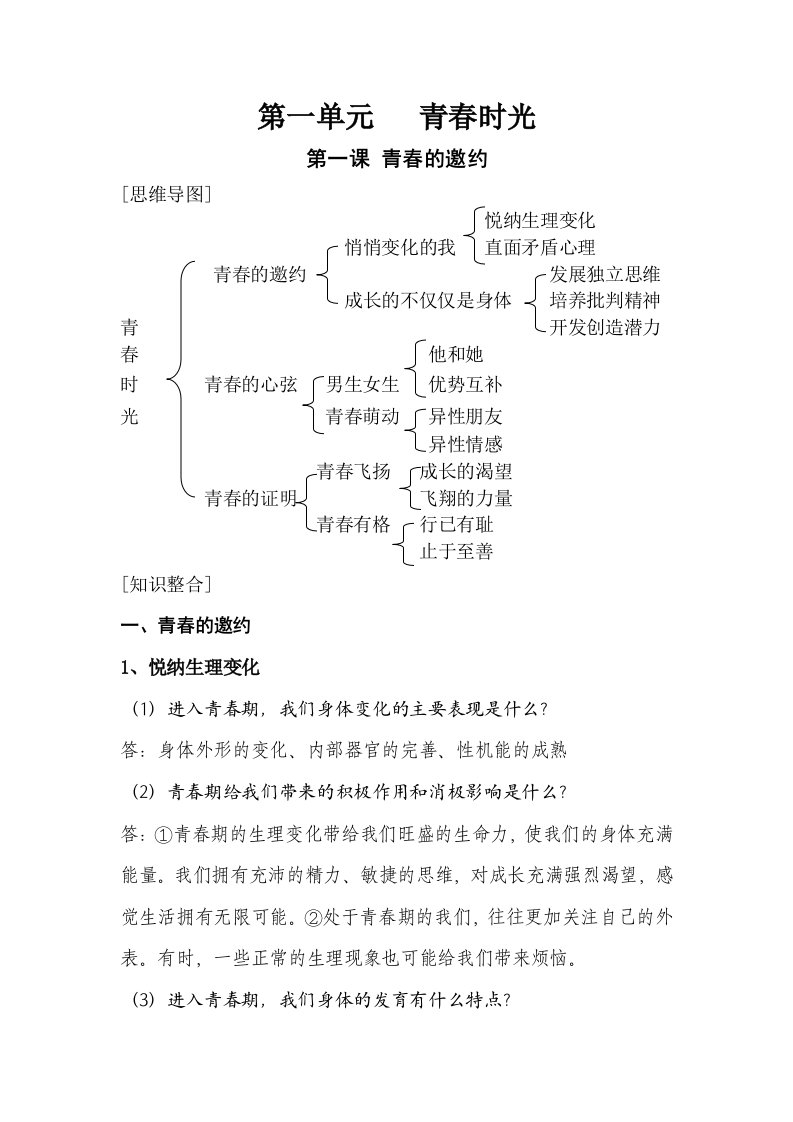 部编人教版七年级《道德与法治》下册第一、二单元知识点归纳