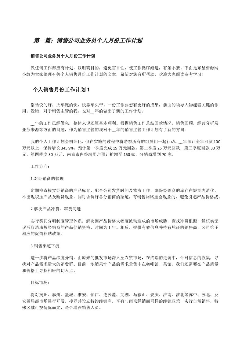 销售公司业务员个人月份工作计划（精选合集）[修改版]