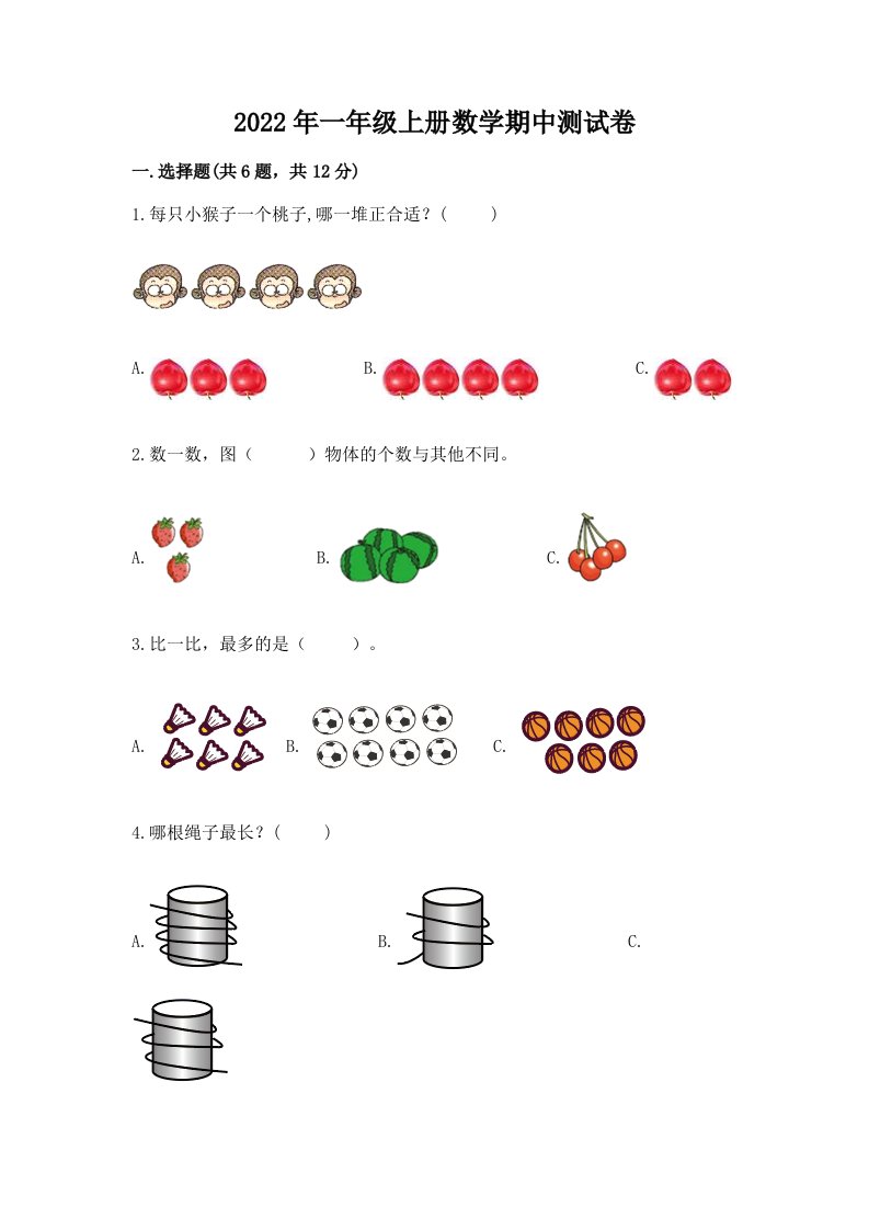 2022年一年级上册数学期中测试卷（真题汇编）